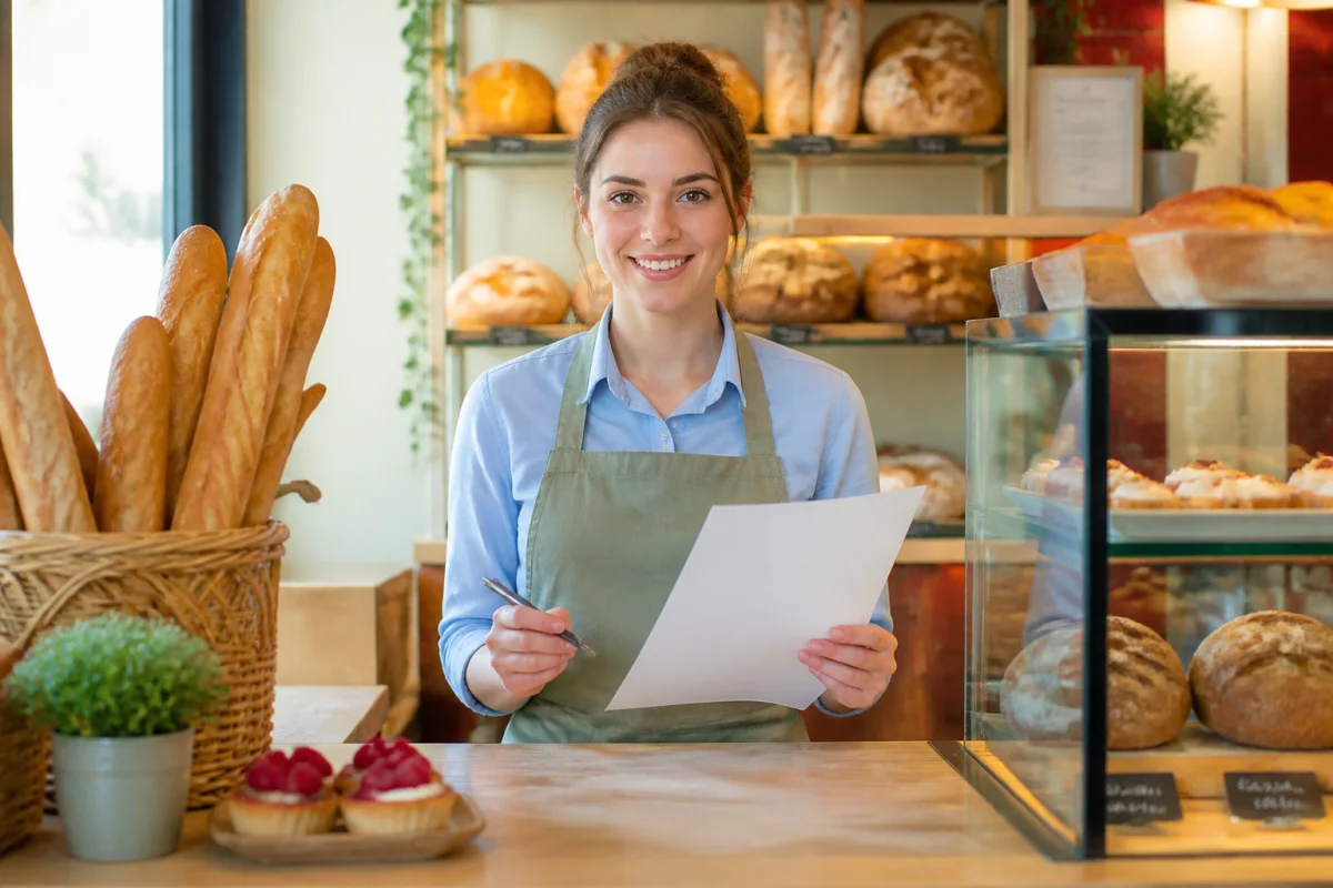 Vendeuse en boulangerie r&eacute;digeant une lettre de motivation pour un poste d&rsquo;accueil et de conseil client
