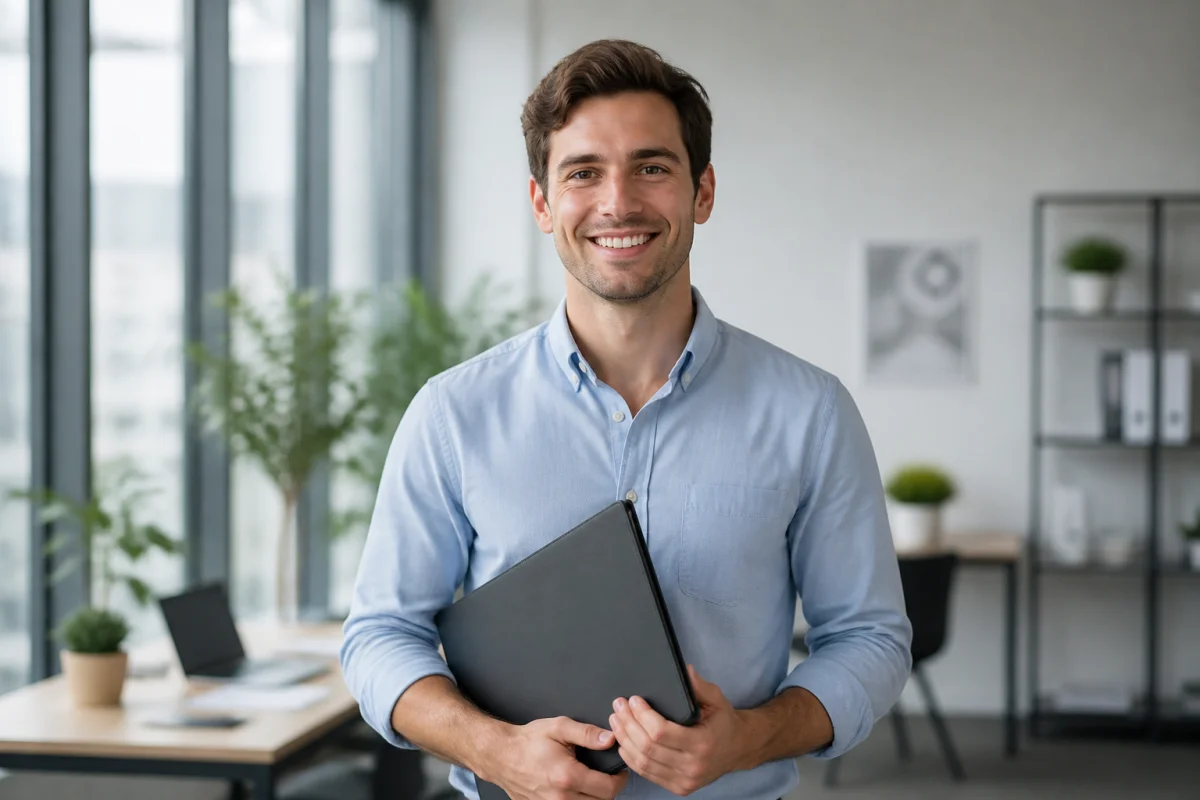 Jeune professionnel souriant tenant un dossier pour une candidature efficace, id&eacute;al pour une lettre de motivation Carrefour.