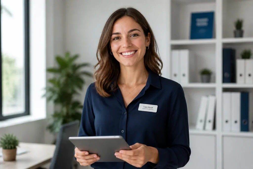 Jeune femme professionnelle souriante tenant une tablette, idéale pour illustrer une candidature ou une lettre de motivation Carrefour.