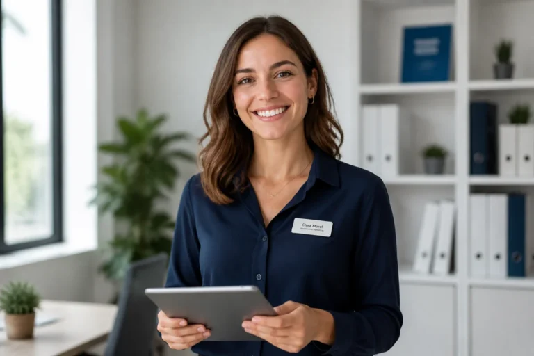 Jeune femme professionnelle souriante tenant une tablette, idéale pour illustrer une candidature ou une lettre de motivation Carrefour.