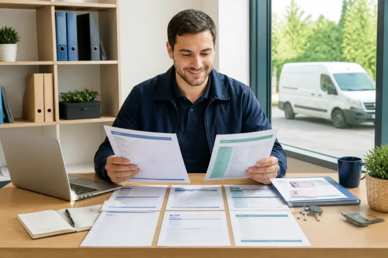 Candidat chauffeur livreur comparant des modèles de lettres de motivation sur un bureau, avec camionnette visible par la fenêtre