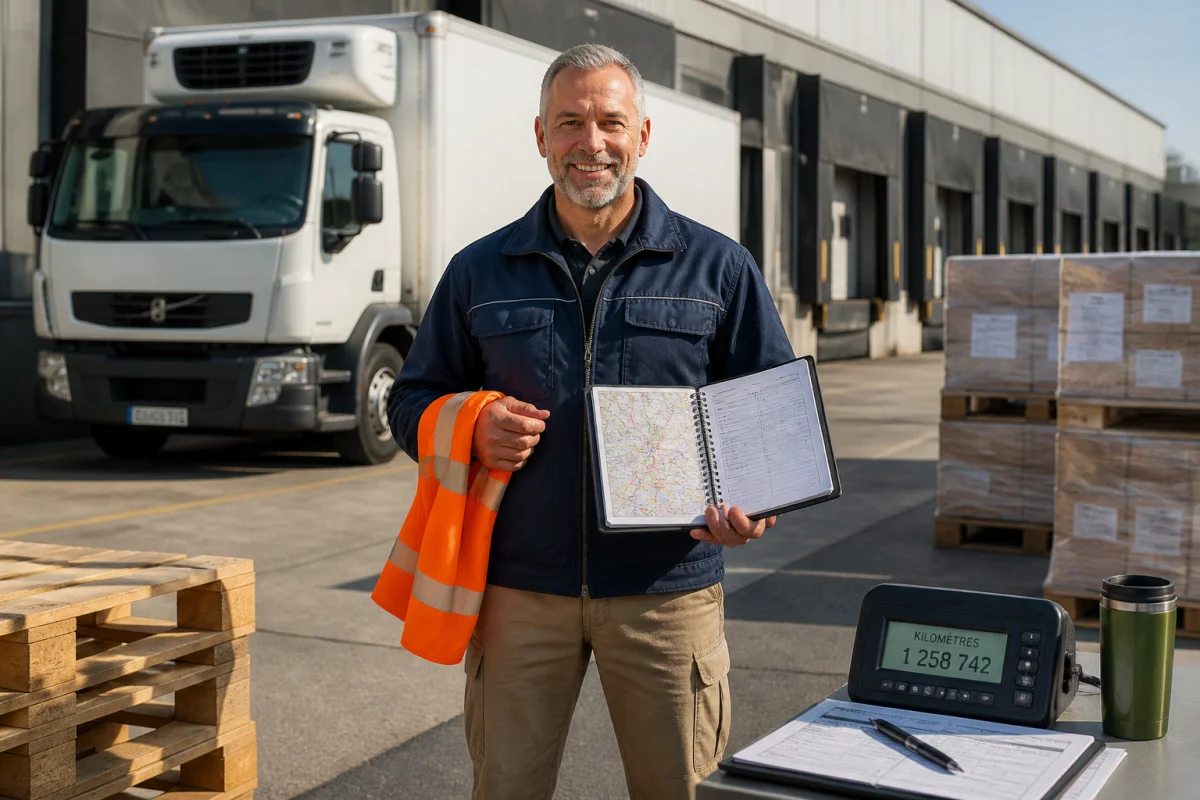 Chauffeur poids lourd pr&eacute;sentant son exp&eacute;rience de livraison sur un quai logistique, camion frigorifique et palettes en arri&egrave;re-plan