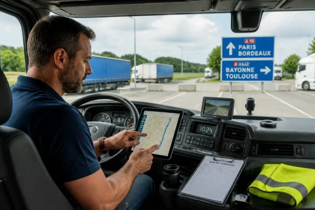 Chauffeur poids lourd consultant une tablette de navigation dans la cabine moderne de son camion de transport