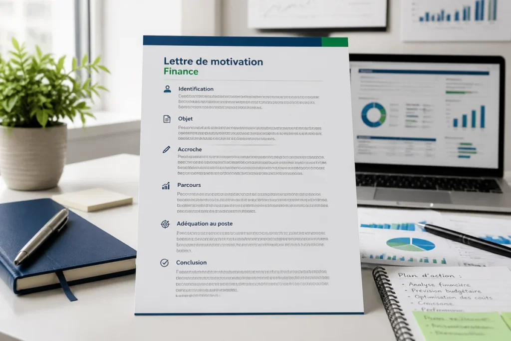 Lettre de motivation finance structurée sur un bureau professionnel, avec stylo, carnet et ordinateur affichant une mise en page soignée