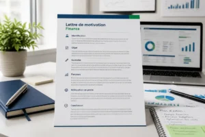 Lettre de motivation finance structurée sur un bureau professionnel, avec stylo, carnet et ordinateur affichant une mise en page soignée