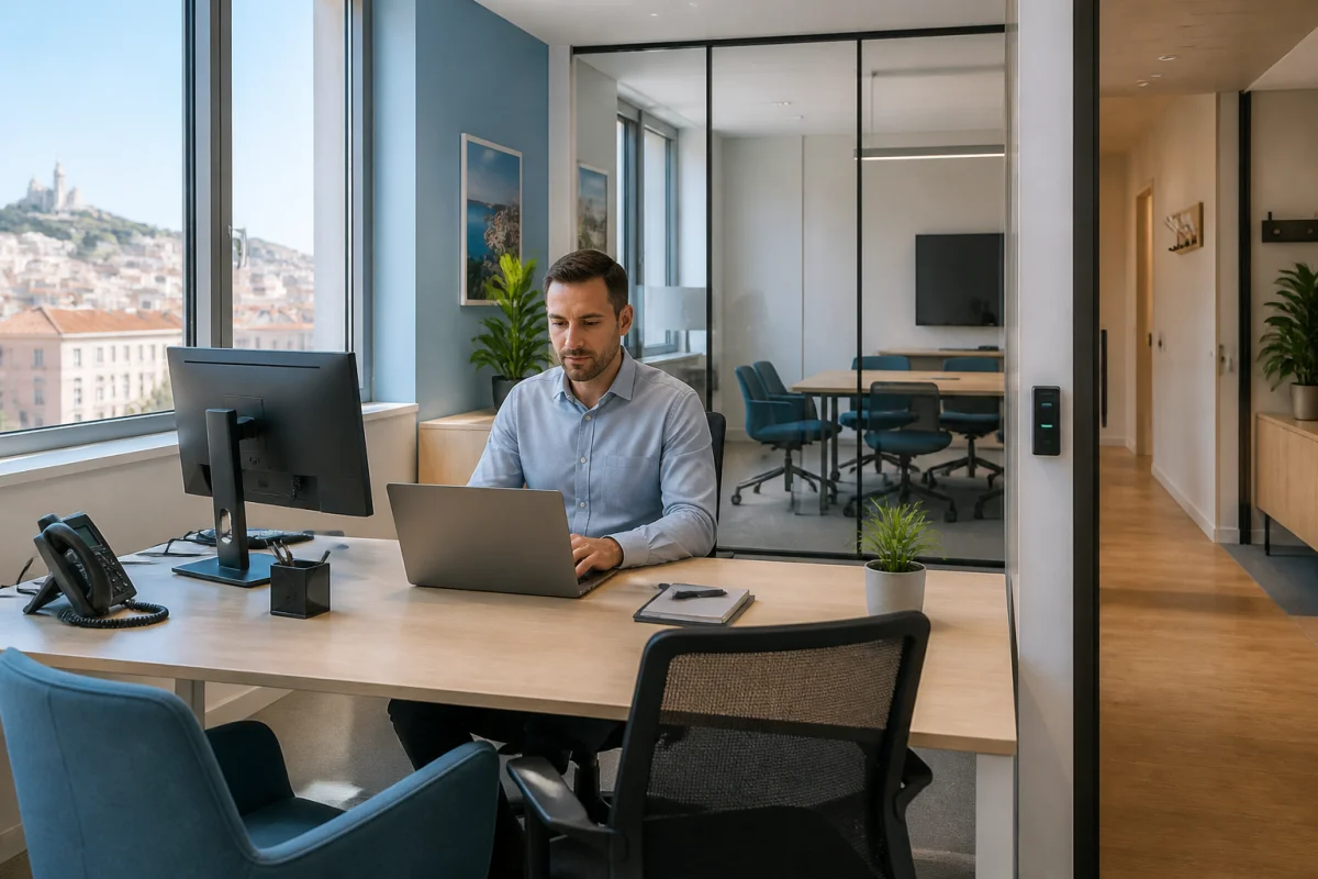 Altus Consultants Business Center &agrave; Marseille, bureau moderne lumineux avec professionnel travaillant sur ordinateur portable.