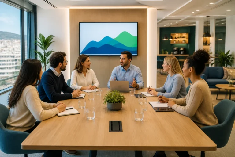 Salle de réunion moderne de l’Altus Consultants Business Center à Marseille, avec six collaborateurs autour d’une table.