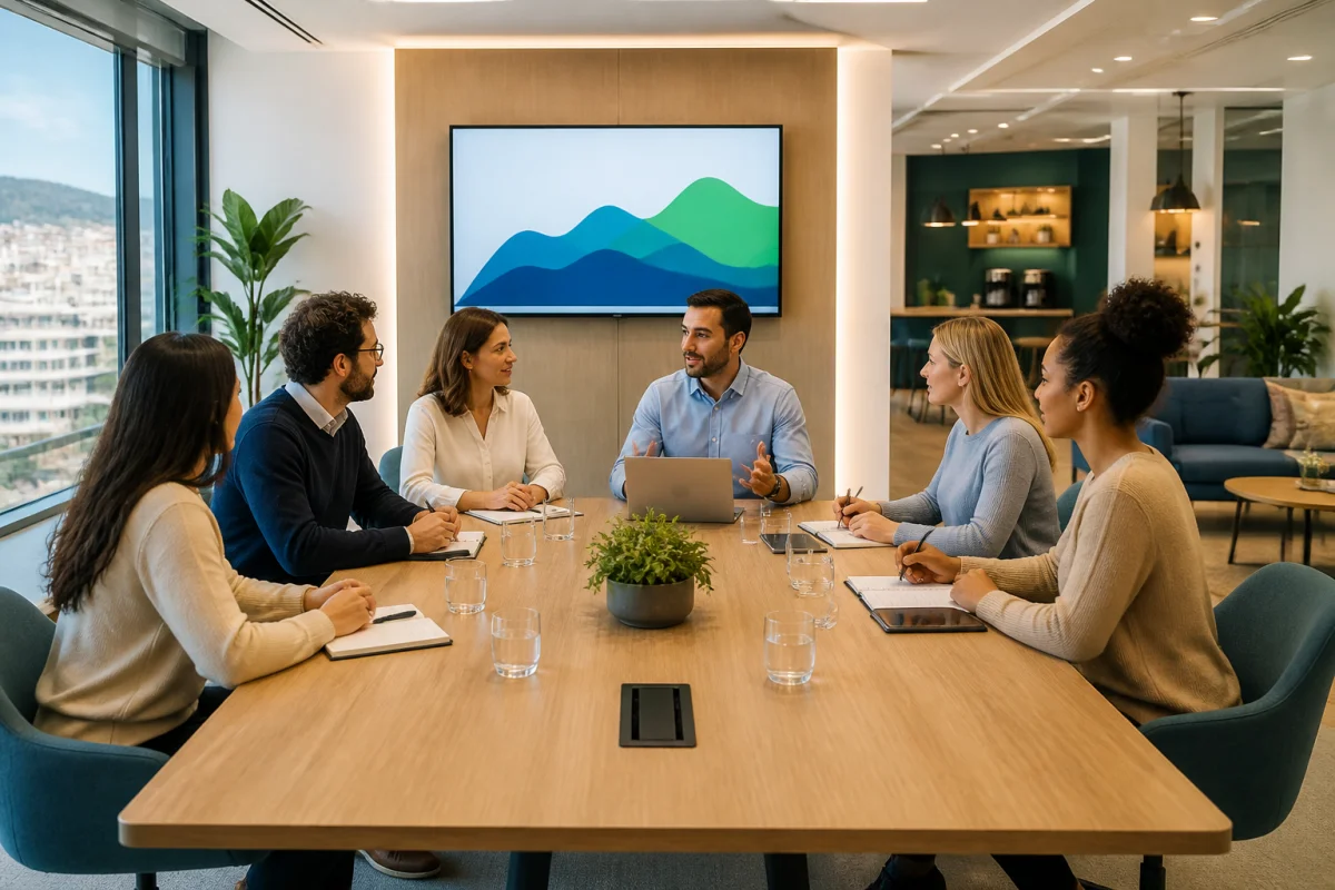 Salle de r&eacute;union moderne de l&rsquo;Altus Consultants Business Center &agrave; Marseille, avec six collaborateurs autour d&rsquo;une table.