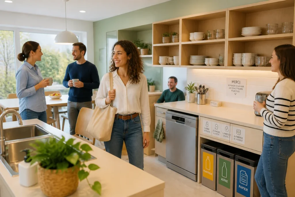 Nouvel employé souriant accueilli par ses collègues dans une cuisine d’entreprise organisée et conviviale dès son premier jour