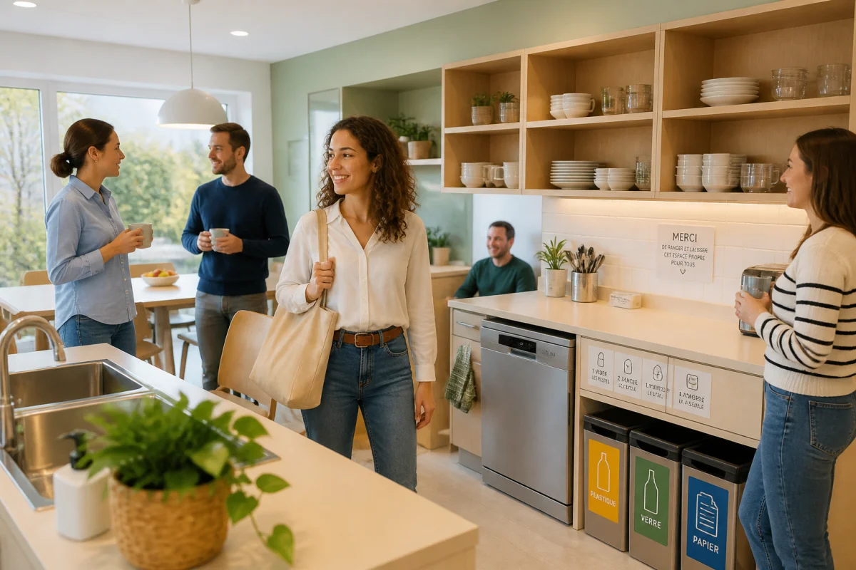 Nouvel employ&eacute; souriant accueilli par ses coll&egrave;gues dans une cuisine d&rsquo;entreprise organis&eacute;e et conviviale d&egrave;s son premier jour