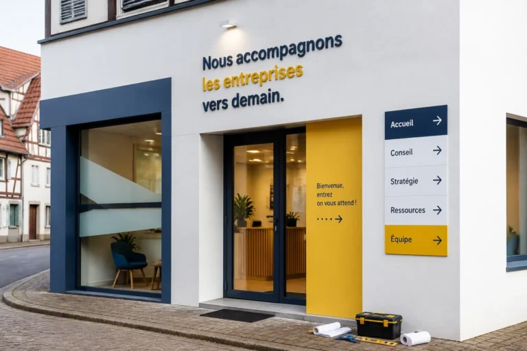 Façade d’entreprise à Colmar avec lettrage mural en relief et signalétique directionnelle élégante, illustrant les services de Colmar Print