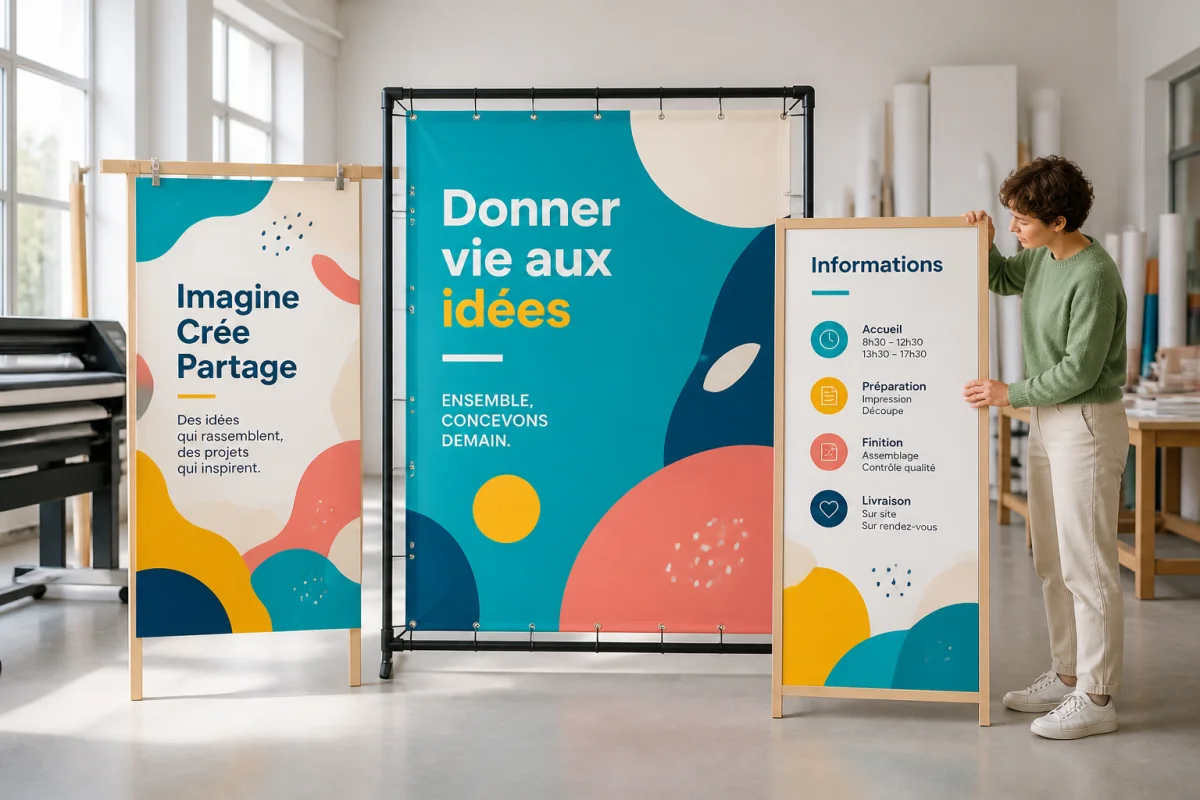 Colmar Print pr&eacute;sente une affiche color&eacute;e, une b&acirc;che grand format et un panneau d&rsquo;information dans un atelier lumineux