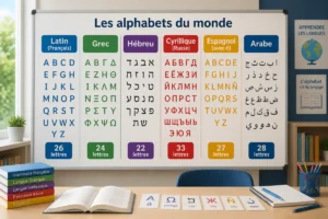 Tableau pédagogique comparant le nombre de lettres des alphabets latin, grec, hébreu, russe, espagnol et arabe