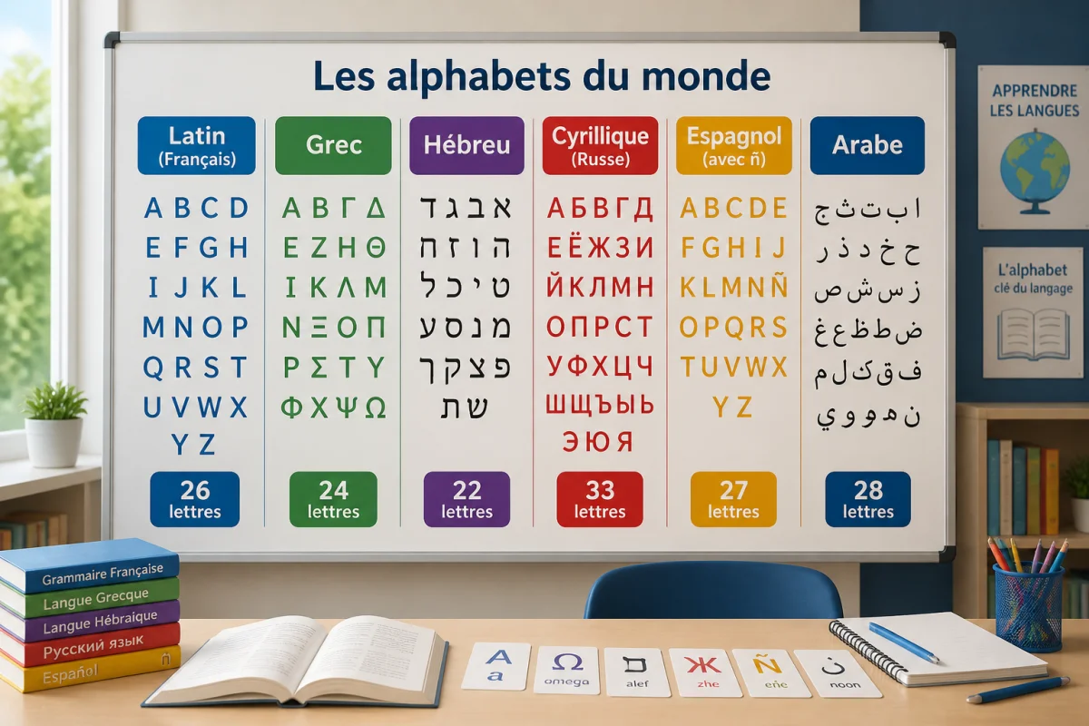 Tableau pédagogique comparant le nombre de lettres des alphabets latin, grec, hébreu, russe, espagnol et arabe