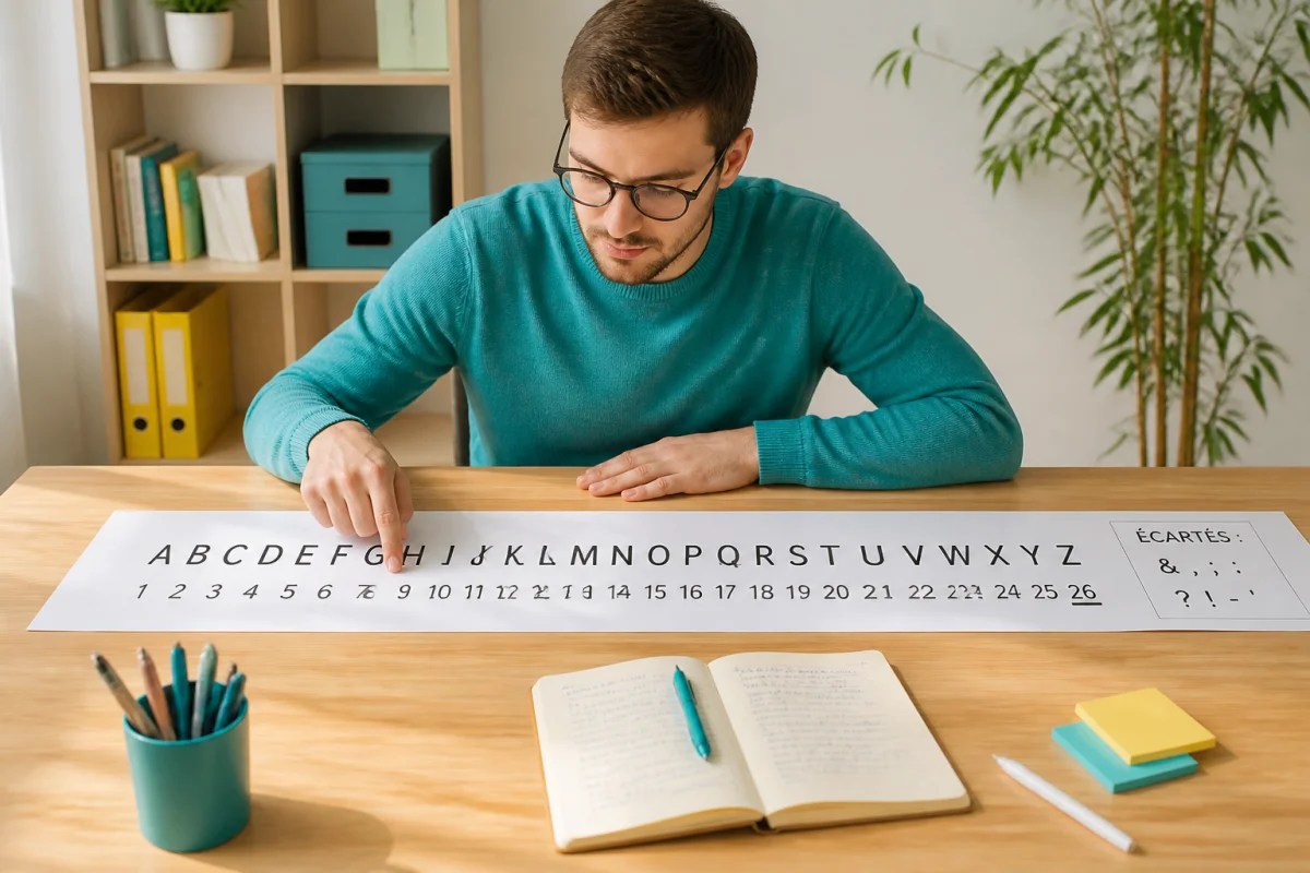 Personne comptant m&eacute;thodiquement les lettres d&rsquo;un alphabet num&eacute;rot&eacute;es sur une feuille, dans un bureau lumineux et ordonn&eacute;