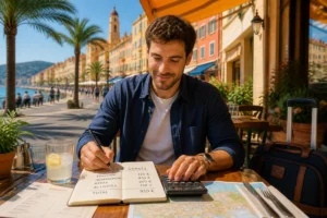 Voyageur préparant le budget de ses congés payés en entreprise sur une terrasse méditerranéenne à Menton