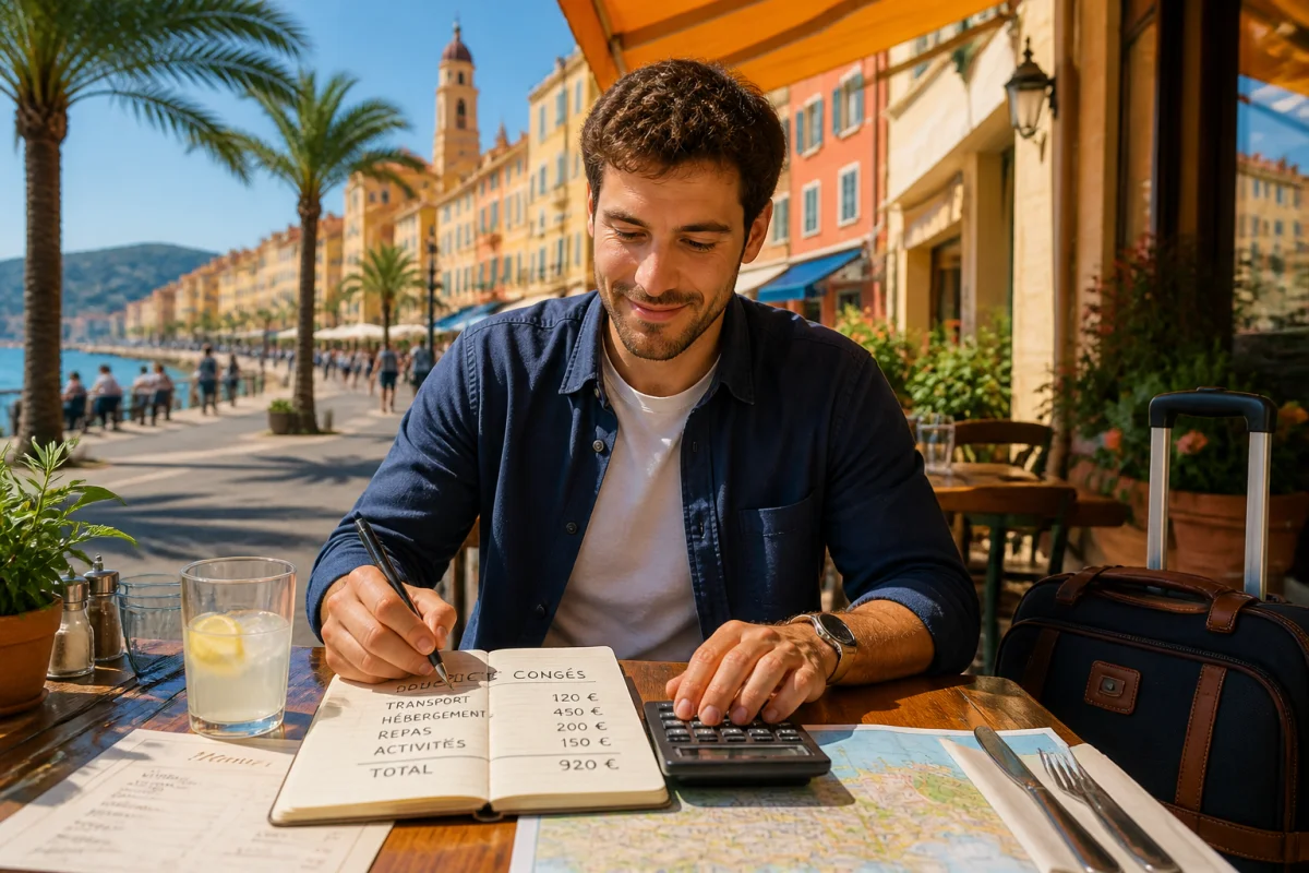 Voyageur préparant le budget de ses congés payés en entreprise sur une terrasse méditerranéenne à Menton