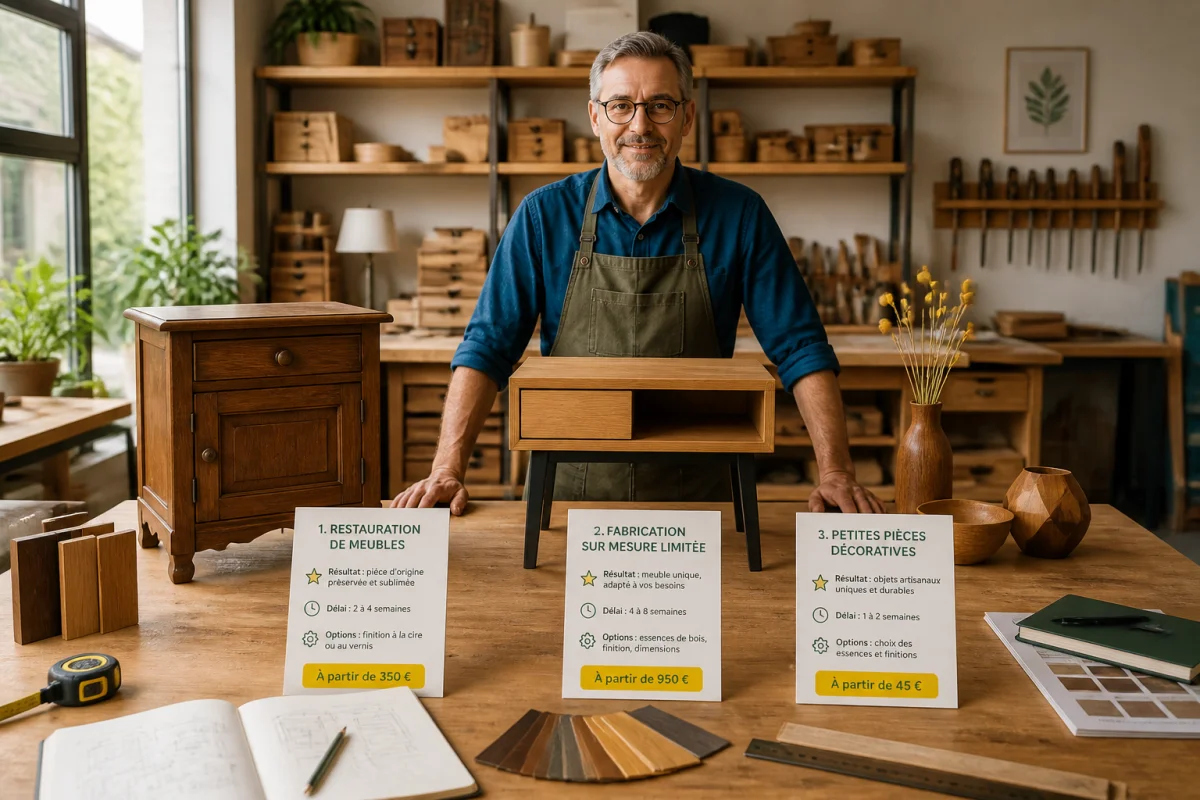 Artisan &eacute;b&eacute;niste pr&eacute;sentant trois prestations pour cr&eacute;er une entreprise artisanale dans un atelier organis&eacute; et lumineux