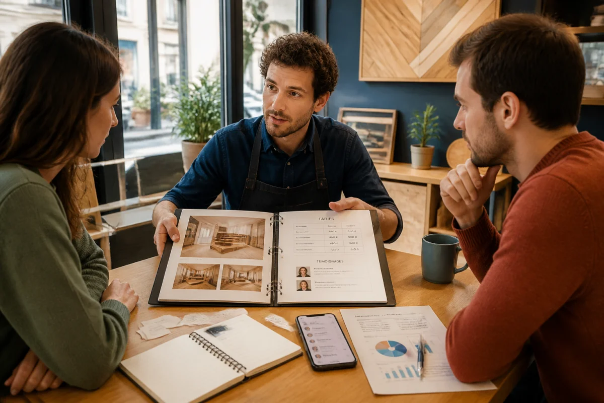 Cr&eacute;er une entreprise artisanale : artisan pr&eacute;sentant portfolio, tarifs et r&eacute;alisations &agrave; deux clients dans un atelier lumineux.