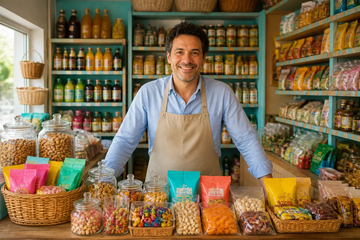 Commerçant indépendant présentant des confiseries et produits d’épicerie dans une boutique de quartier accompagnée par CSC France