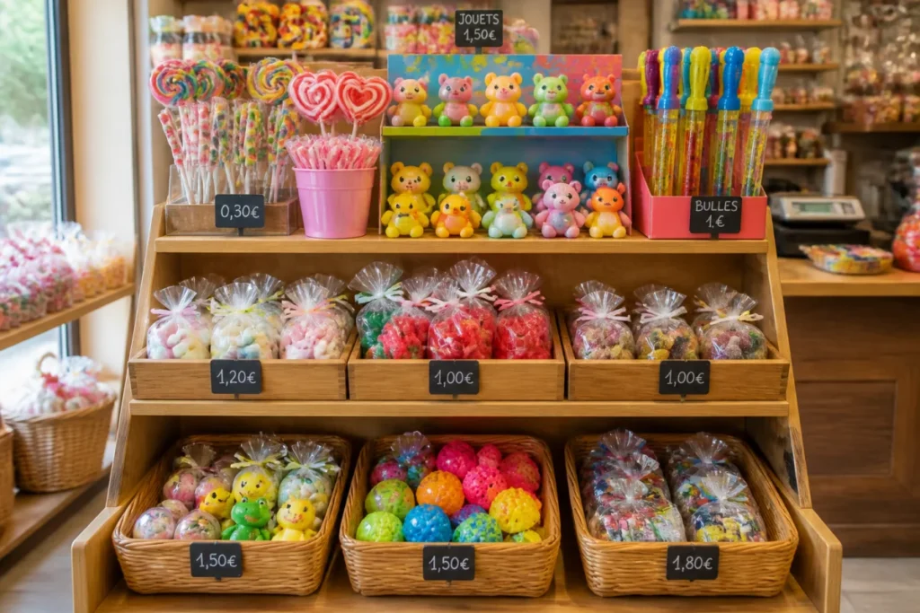 Présentoir coloré de confiseries et petits jouets dans un commerce indépendant accompagné par CSC France