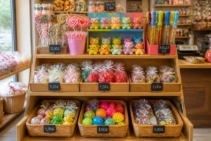 Présentoir coloré de confiseries et petits jouets dans un commerce indépendant accompagné par CSC France