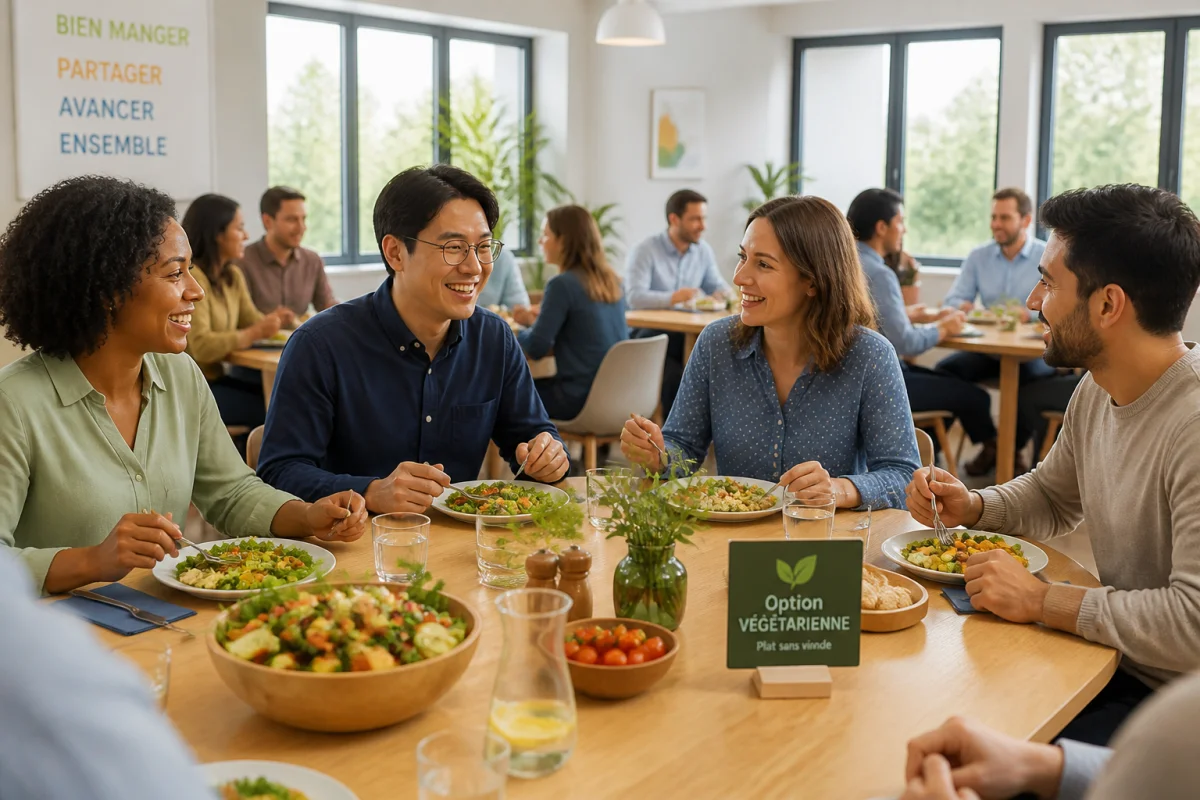 D&eacute;jeuner d&rsquo;&eacute;quipe convivial avec repas &eacute;quilibr&eacute;, option v&eacute;g&eacute;tarienne identifi&eacute;e et &eacute;changes entre collaborateurs diversifi&eacute;s