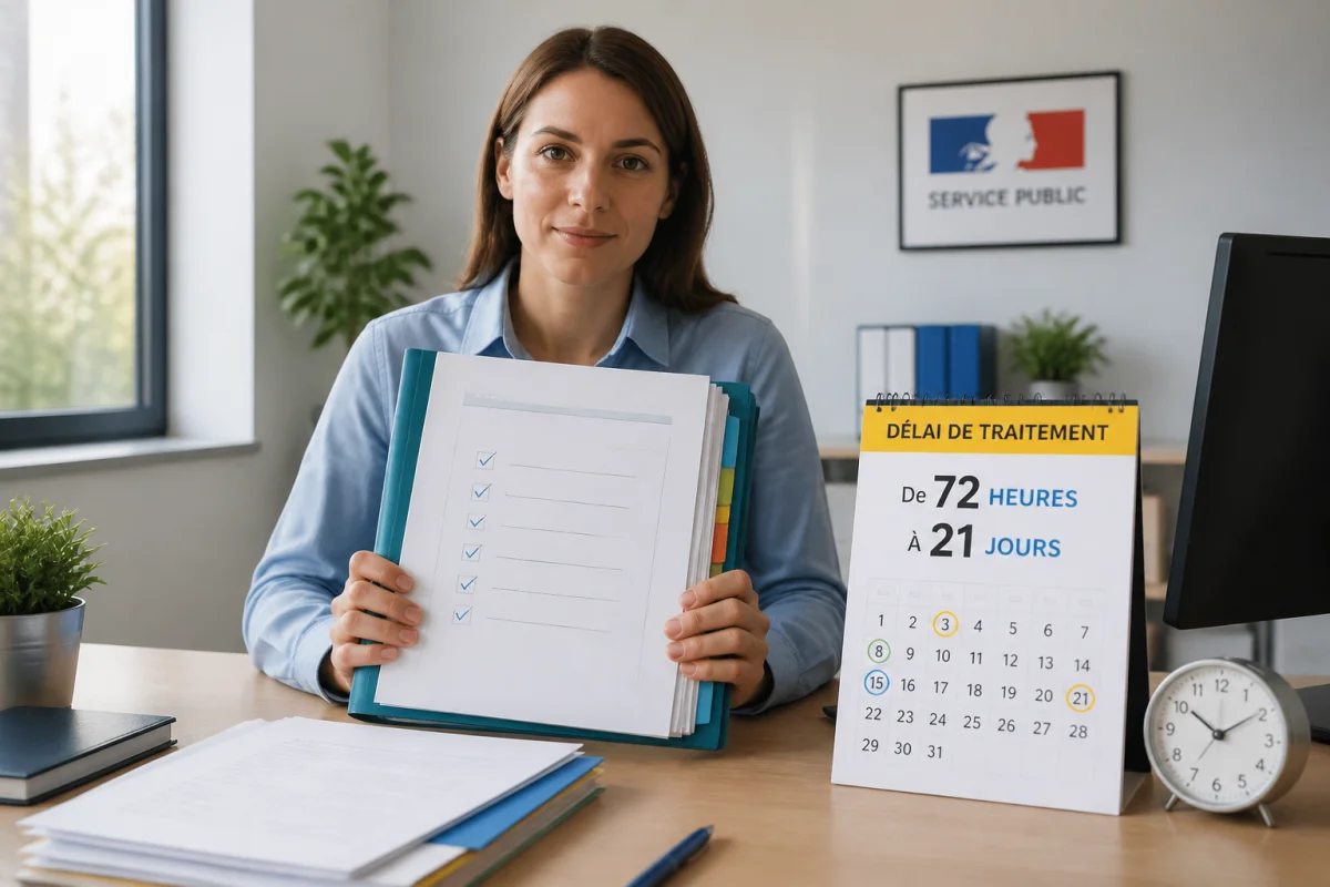 Dossier administratif France Travail avec calendrier indiquant un délai de traitement de 72 heures à 21 jours