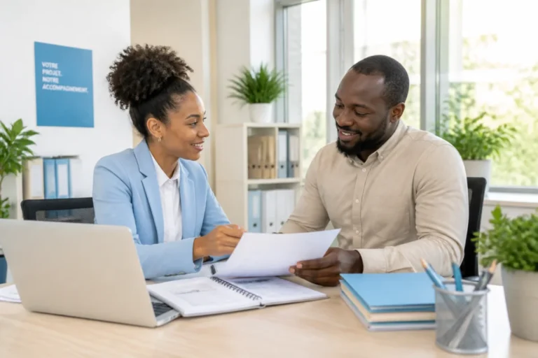 Externalisation des tâches administratives en entreprise : professionnelle accompagnant un entrepreneur dans l’organisation de ses documents