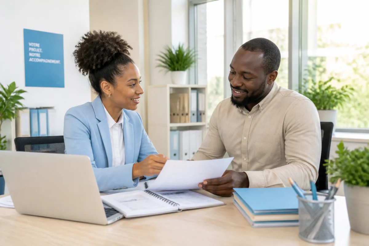 Externalisation des t&acirc;ches administratives en entreprise : professionnelle accompagnant un entrepreneur dans l&rsquo;organisation de ses documents