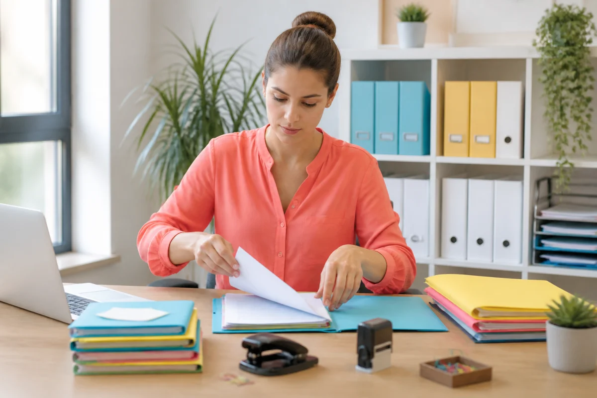 Assistante administrative classant m&eacute;thodiquement des documents papier dans un bureau professionnel lumineux et organis&eacute;.