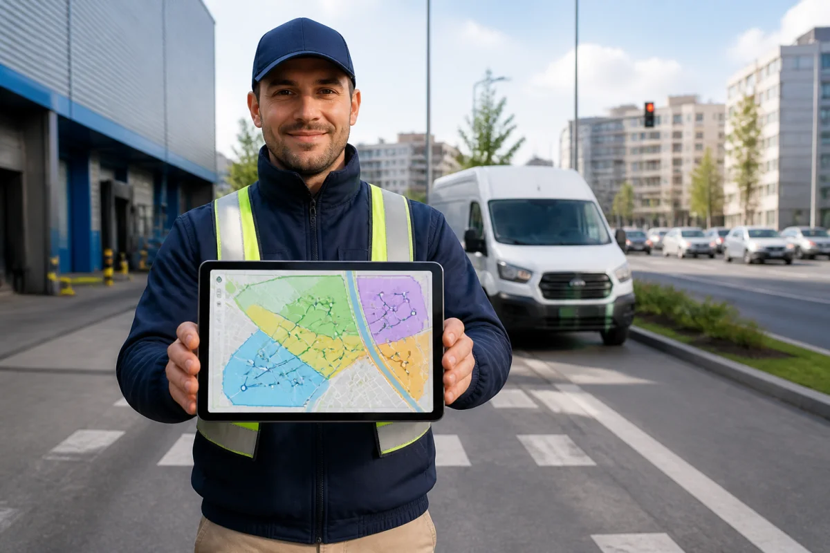 Livreur consultant une tablette affichant des tourn&eacute;es de livraison optimis&eacute;es par zones color&eacute;es en milieu urbain