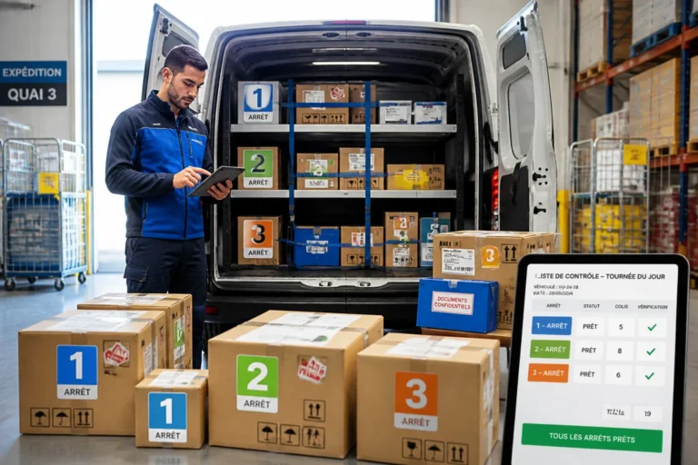 Opérateur logistique organisant des colis par ordre de livraison pour une gestion efficace des tournées de livraison en entreprise.