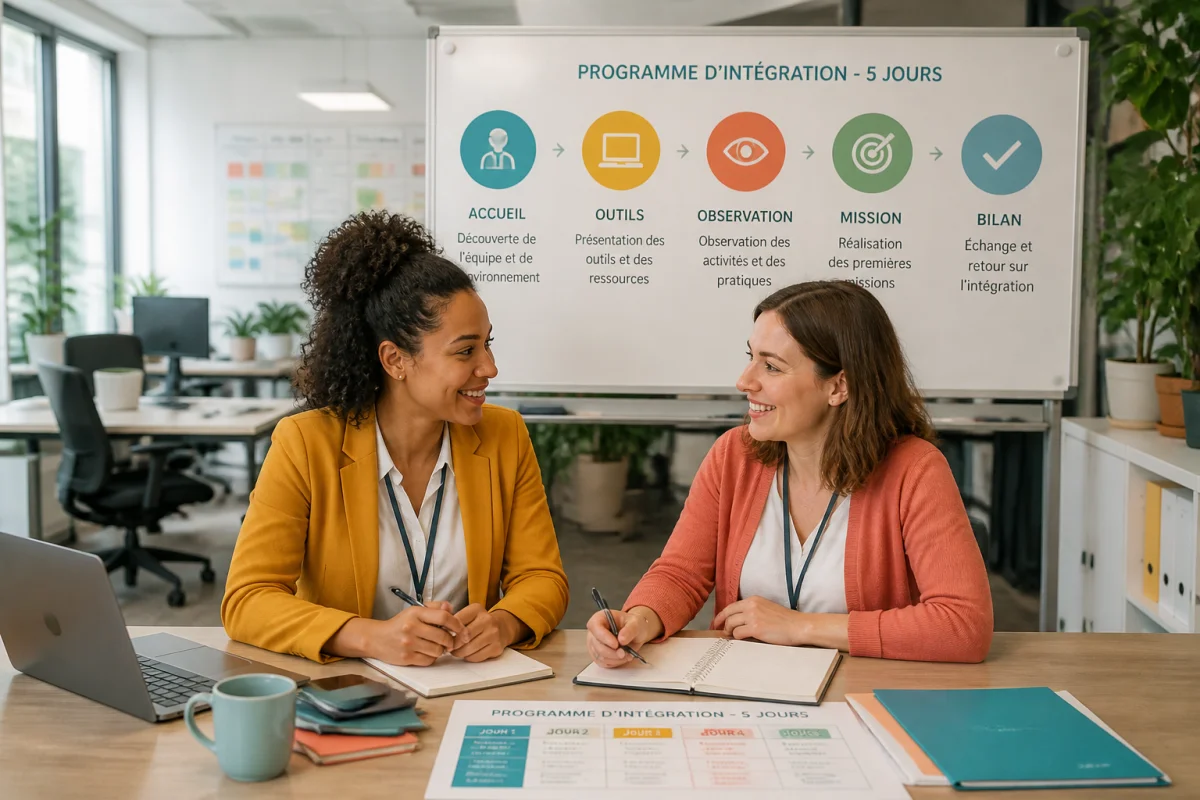 Int&eacute;gration des nouveaux employ&eacute;s : nouvelle salari&eacute;e accompagn&eacute;e devant un tableau pr&eacute;sentant les cinq &eacute;tapes d&rsquo;accueil professionnel