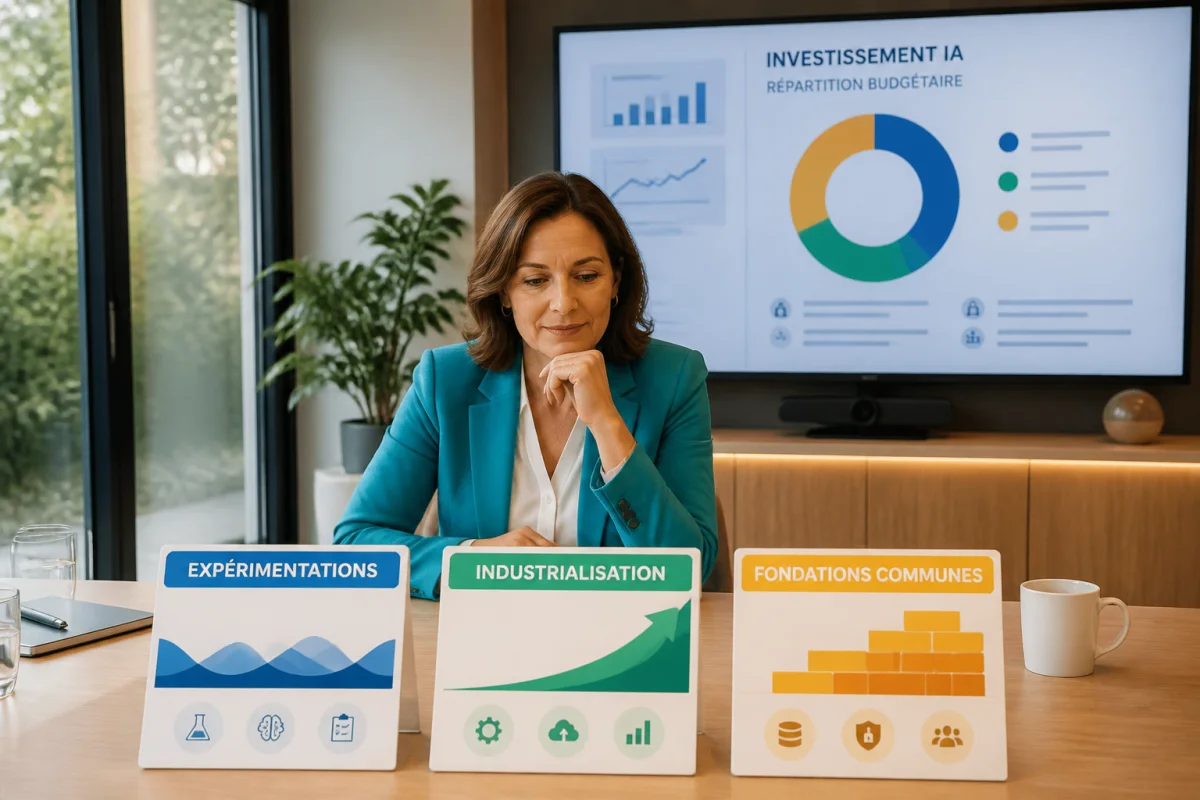 Dirigeante analysant un budget d&rsquo;investissement en intelligence artificielle r&eacute;parti entre exp&eacute;rimentation, industrialisation et fondations communes