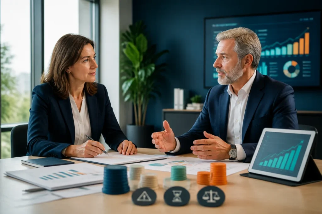 Dirigeante et investisseur évaluant une stratégie d’investissement en intelligence artificielle et une allocation patrimoniale équilibrée