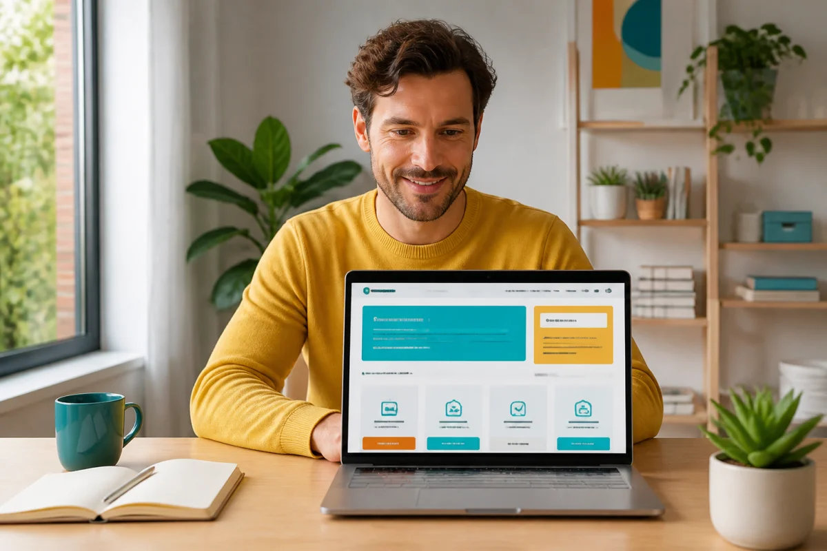 Personne souriante explorant Lm Services sur un ordinateur portable dans un int&eacute;rieur lumineux et contemporain