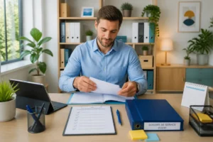 Professionnel préparant un dossier de service organisé, illustrant l’efficacité et la fiabilité de Lm Services
