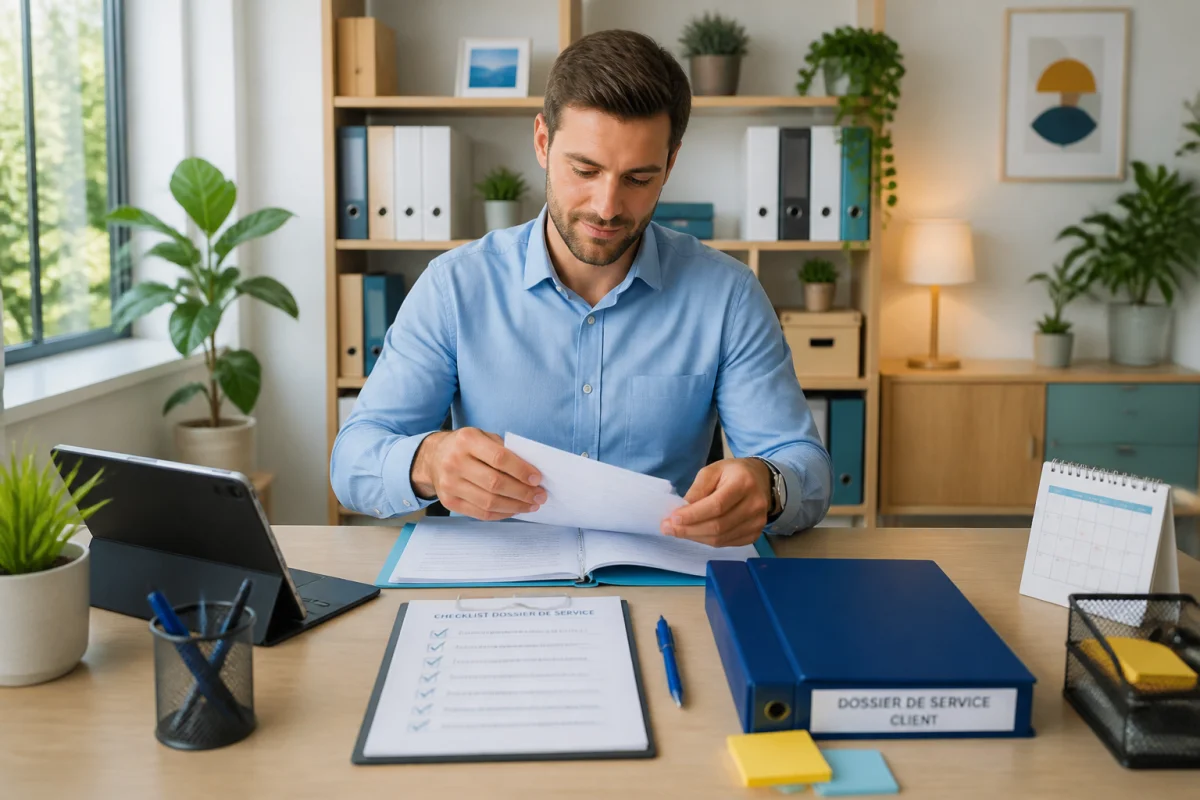 Professionnel pr&eacute;parant un dossier de service organis&eacute;, illustrant l&rsquo;efficacit&eacute; et la fiabilit&eacute; de Lm Services