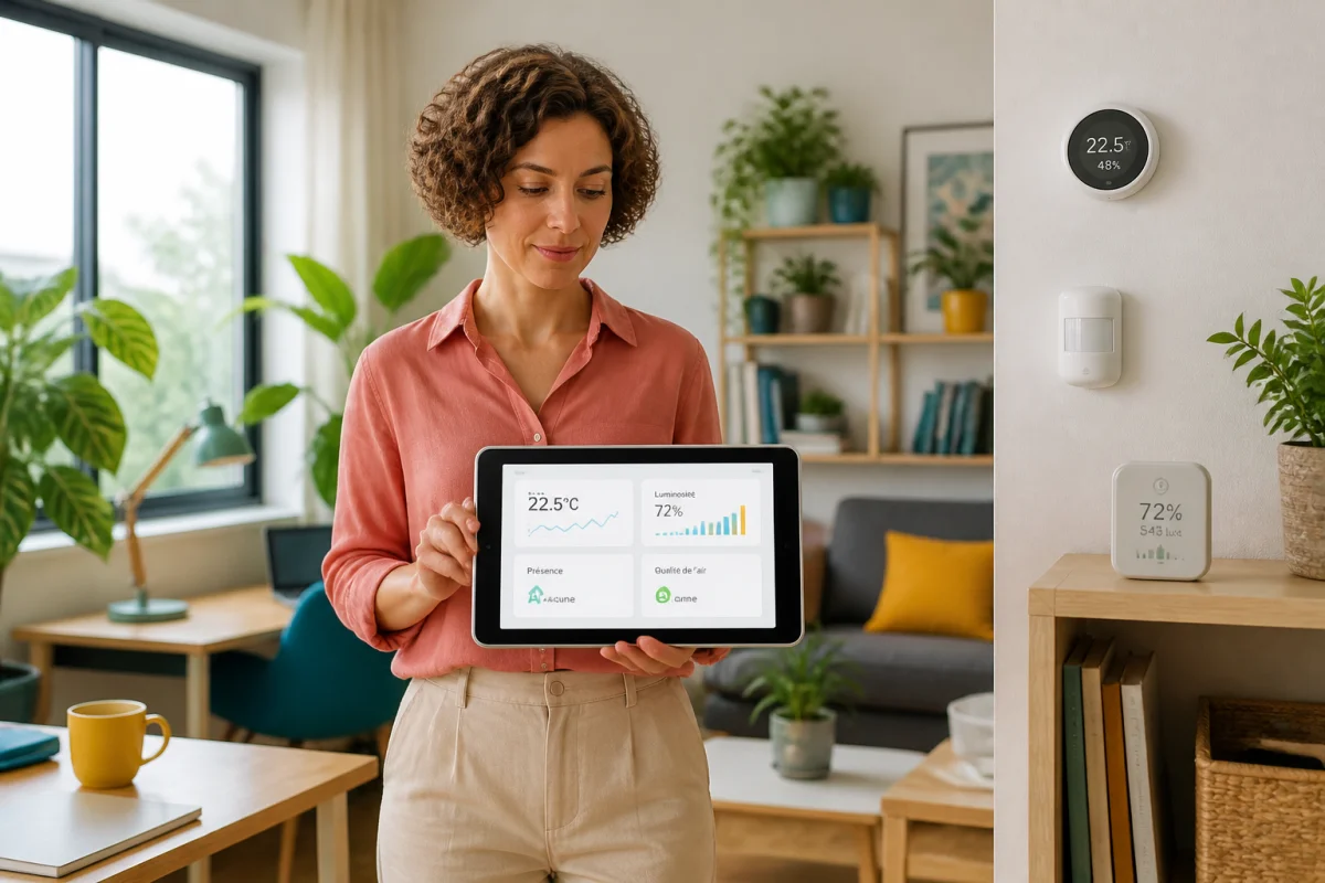 Professionnelle analysant les capteurs d&rsquo;une maison connect&eacute;e en entreprise sur tablette, dans un int&eacute;rieur lumineux et moderne