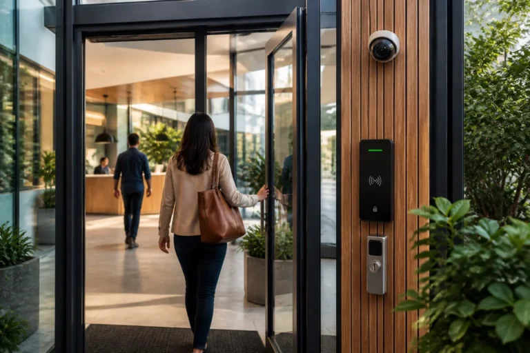 Système de sécurité connecté à l’entrée d’une maison connectée en entreprise, avec lecteur sans contact et caméra discrète