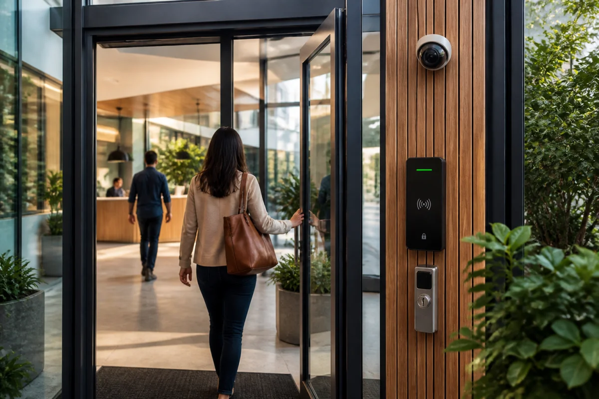 Syst&egrave;me de s&eacute;curit&eacute; connect&eacute; &agrave; l&rsquo;entr&eacute;e d&rsquo;une maison connect&eacute;e en entreprise, avec lecteur sans contact et cam&eacute;ra discr&egrave;te