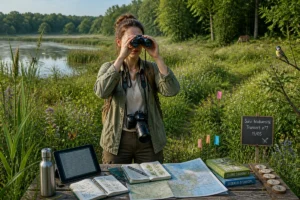 Naturaliste observant la biodiversité d’un espace protégé, équipée de jumelles, carnet et appareil photo nature