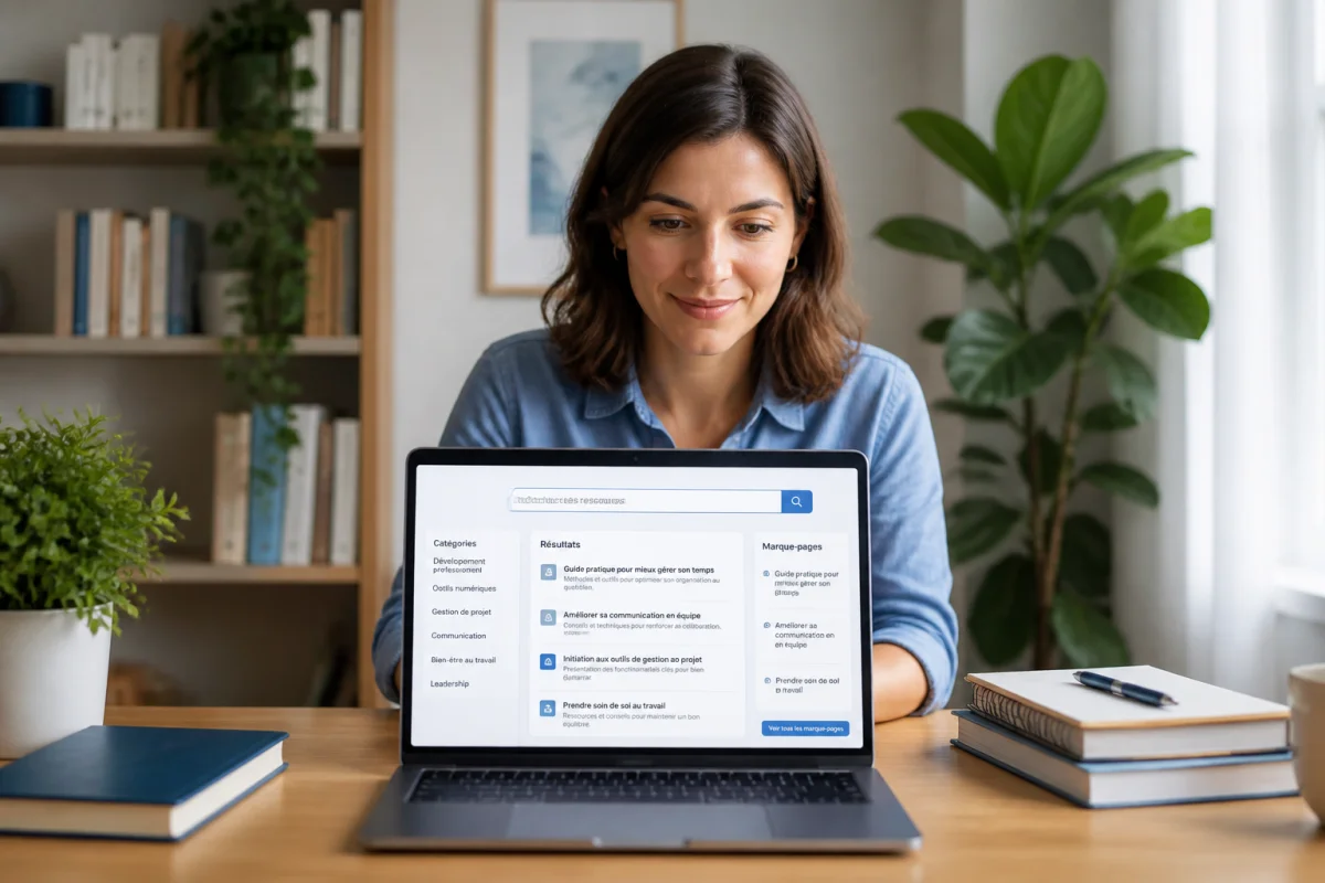 Nubiz : professionnelle organisant des ressources utiles en ligne sur un ordinateur portable, dans un bureau moderne et lumineux.