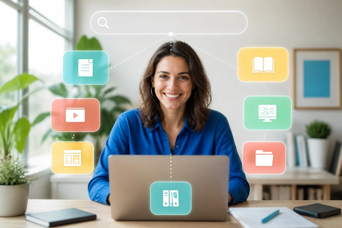 Nubiz : personne adulte souriante utilisant une interface num&eacute;rique organis&eacute;e pour trouver des ressources utiles en ligne