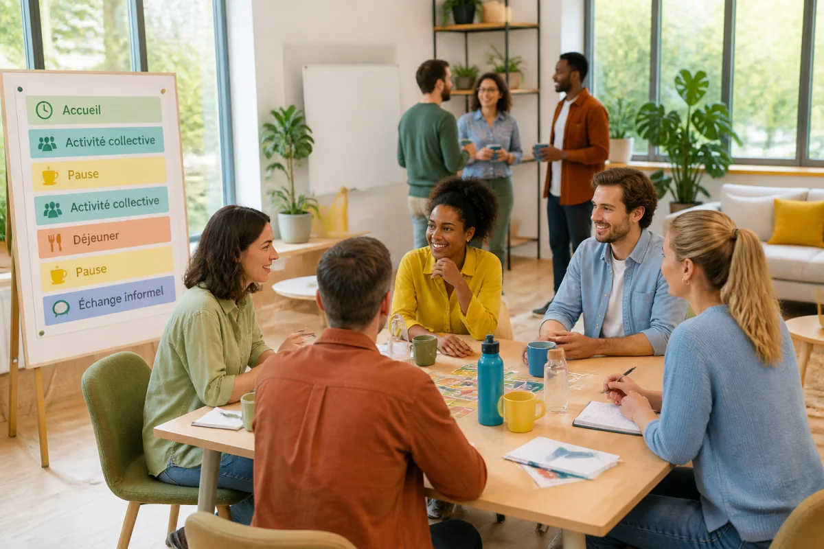 &Eacute;quipe diverse planifiant une journ&eacute;e team building &eacute;quilibr&eacute;e avec activit&eacute;s, pauses, d&eacute;jeuner et &eacute;changes conviviaux.