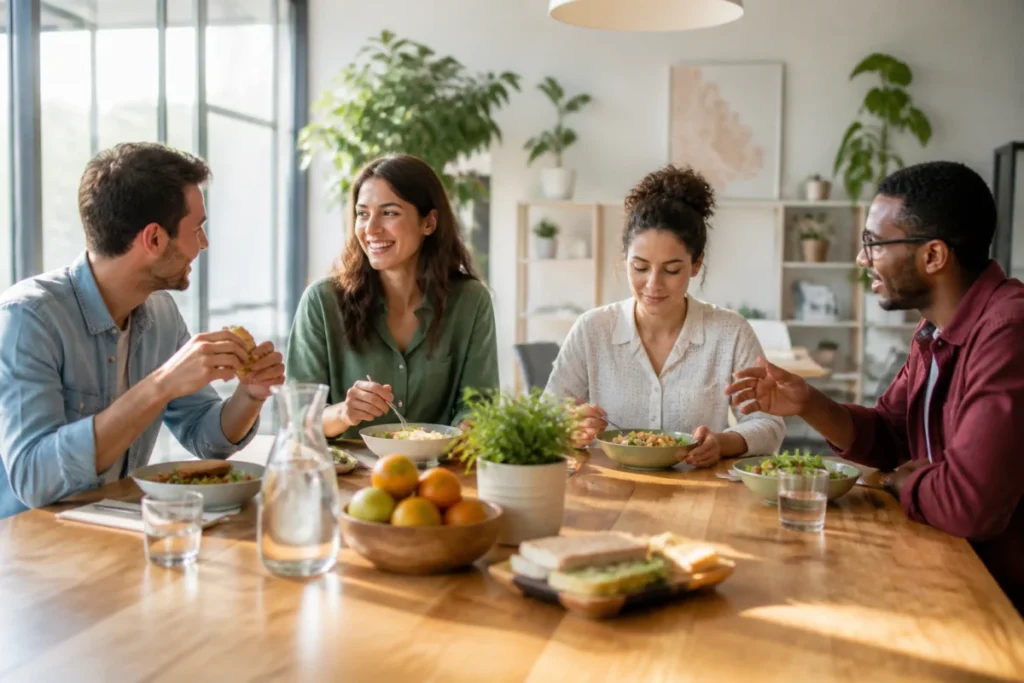 Collègues partageant une pause déjeuner conviviale au bureau, dans une ambiance détendue et inclusive autour d’une table garnie