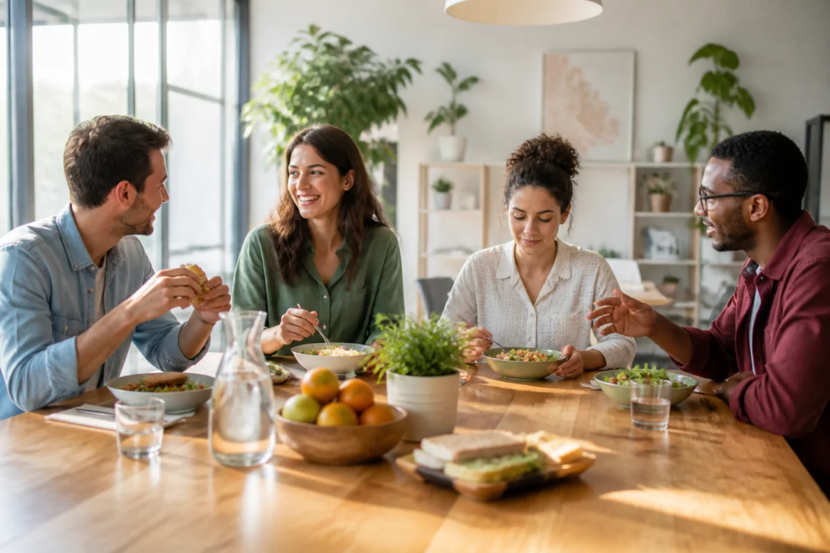 Coll&egrave;gues partageant une pause d&eacute;jeuner conviviale au bureau, dans une ambiance d&eacute;tendue et inclusive autour d&rsquo;une table garnie