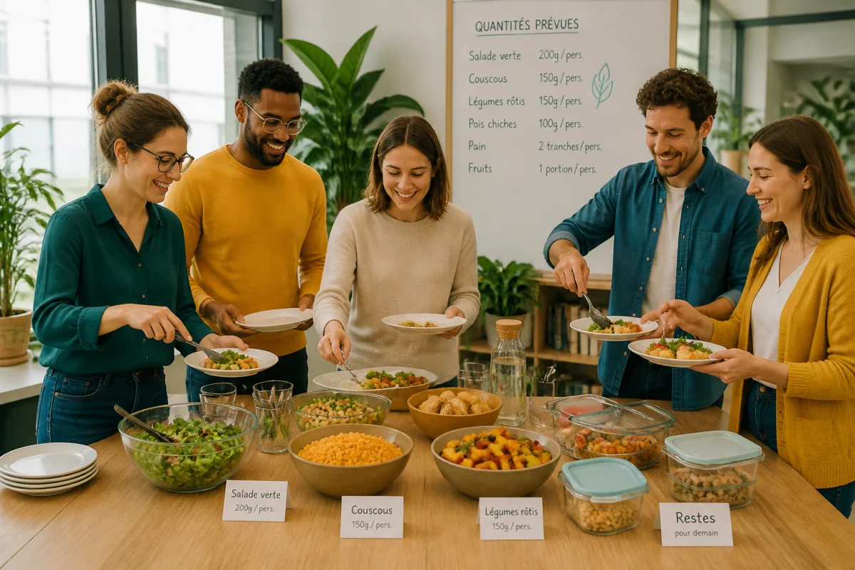 Coll&egrave;gues partageant un d&eacute;jeuner organis&eacute; au travail, avec portions mesur&eacute;es, contenants r&eacute;utilisables et ambiance conviviale.