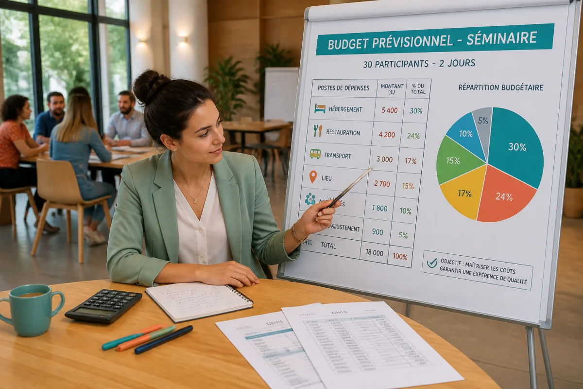 Organisatrice pr&eacute;parant un s&eacute;minaire d&rsquo;entreprise avec un tableau budg&eacute;taire d&eacute;taillant cinq postes de d&eacute;penses pour 30 participants sur deux jours